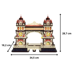 Dimensions du puzzle 3D en bois, Le Vieux Pont anglais : 34,5 cm de longueur ; 18,2 cm de largeur ; 34,7 cm de hauteur