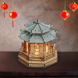 Vue en surplomb sur une étagère du puzzle 3D en bois la Lanterne Impériale Chinoise avec des lampions rouges