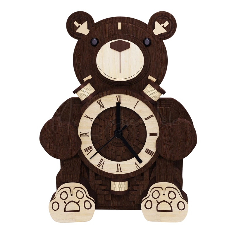 Vue de face du puzzle 3D en bois L'Ourson Horloge - Mr Cassse-Tête