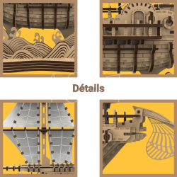 4 vue différentes du puzzle 3D du Belhaven : les vagues sous le navire, le milieu, les voiles, la poupe