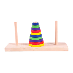 Casse-tête en bois, vue de face, la Tour de Hanoï, 4 couleurs, 10 rondelles - Mr Casse-Tête