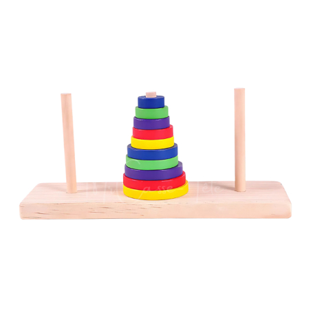 Casse-tête en bois, vue de face, la Tour de Hanoï, 4 couleurs, 10 rondelles - Mr Casse-Tête